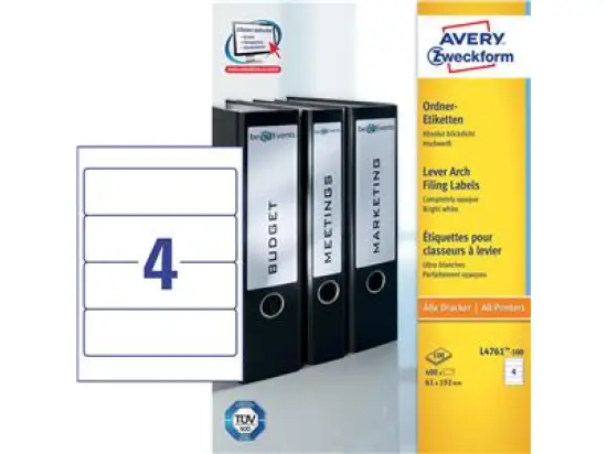 Ordner-Rückenschild Etiketten Avery Zweckform L4761-100 kurz/breit, selbstklebend, blanko, weiß, Inkjet Laser Kopierer, Pack 400 Stk/100 Blatt