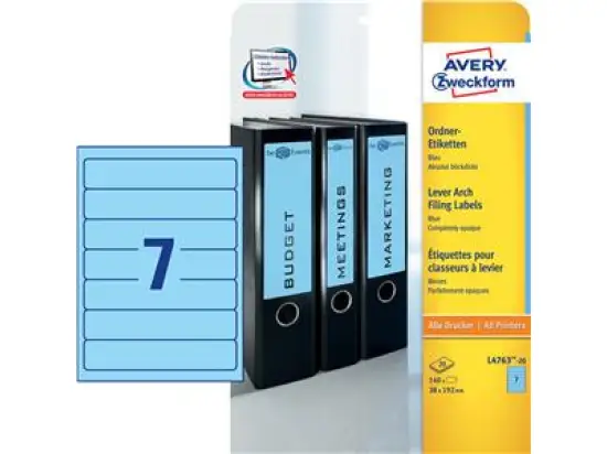 Ordner-Rückenschild Etiketten Avery Zweckform L4763-20 kurz/schmal, selbstklebend, blanko, blau, Inkjet Laser Kopierer, Pack 140 Stk/20 Blatt