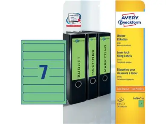 Ordner-Rückenschild Etiketten Avery Zweckform L4764-20 kurz/schmal, selbstklebend, blanko, grün, Inkjet Laser Kopierer, Pack 140 Stk/20 Blatt