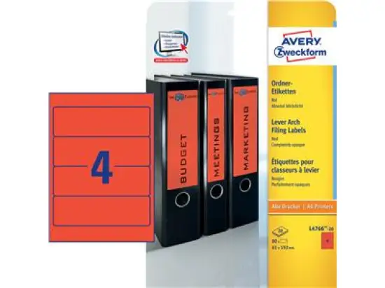 Ordner-Rückenschild Etiketten Avery Zweckform L4766-20 kurz/breit, selbstklebend, blanko, rot, Inkjet Laser Kopierer, Pack 80 Stk/20 Blatt