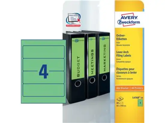 Ordner-Rückenschild Etiketten Avery Zweckform L4768-20 kurz/breit, selbstklebend, blanko, grün, Inkjet Laser Kopierer, Pack 80 Stk/20 Blatt