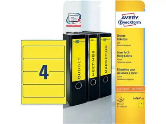 Ordner-Rückenschild Etiketten Avery Zweckform L4769-20 kurz/breit, selbstklebend, blanko, gelb, Inkjet Laser Kopierer, Pack 80 Stk/20 Blatt