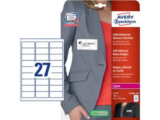 Namens-Etiketten Avery Zweckform L4784-20 63,5 x 29,6 mm, Acetatseide, selbstklebend, wiederablösbar, weiß, Laser, Pack 540 Stk/20 Blatt