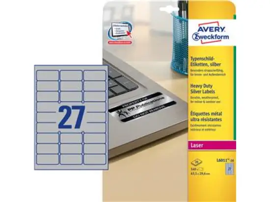 Typenschild-Etiketten Avery Zweckform L6011-20 63,5 x 29,6 mm, Folie, selbstklebend, silber, Laser, Pack 540 Stk/20 Blatt