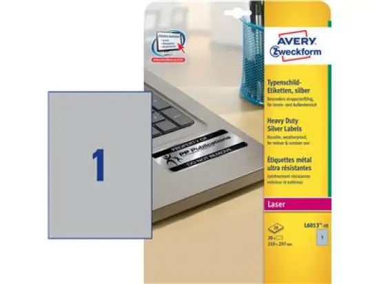 Typenschild-Etiketten Avery Zweckform L6013-20 210 x 297 mm A4, Folie, selbstklebend, silber, Laser, Pack 20 Stk/20 Blatt