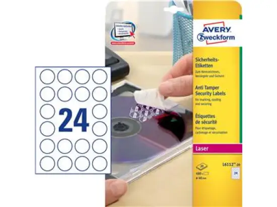 Sicherheits-Etiketten Avery Zweckform L6112-20 Ø 40 mm rund, Folie, selbstklebend, weiß, Laser, Pack 480 Stk/20 Blatt