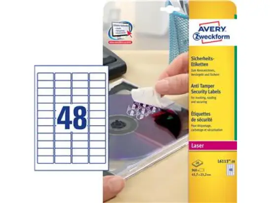 Sicherheits-Etiketten Avery Zweckform L6113-20 45,7 x 21,2 mm, Folie, selbstklebend, weiß, Laser, Pack 960 Stk/20 Blatt
