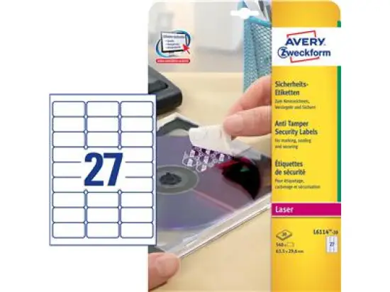 Sicherheits-Etiketten Avery Zweckform L6114-20 63,5 x 29,6 mm, Folie, selbstklebend, weiß, Laser, Pack 540 Stk/20 Blatt