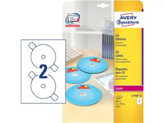 CD-Etiketten Avery Zweckform L7760-25 Ø 117 mm rund, weiß, hochglänzend, selbstklebend, SuperSize 17mm, Laser, Pack 50 Stk/25 Blatt
