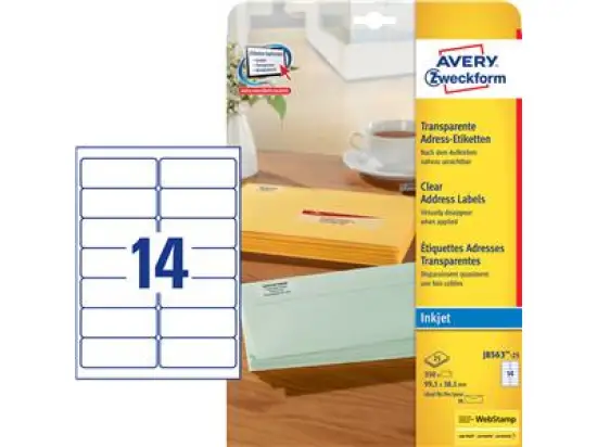 Adressetiketten Avery Zweckform J8563-25 99,1 x 38,1 mm Folie, transparent, selbstklebend, Inkjet, Pack 350 Stk/25 Blatt