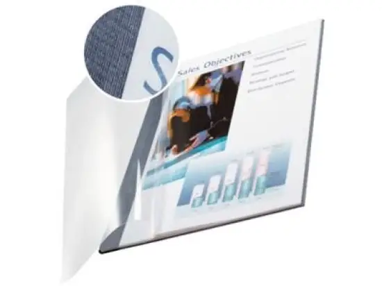 Buchbindemappen Leitz 7415-00-35 74150035 impressBIND A4, Soft Cover, 14,0 mm, Leinen, transparente Vorderseite, blau, Pack 10 Stk