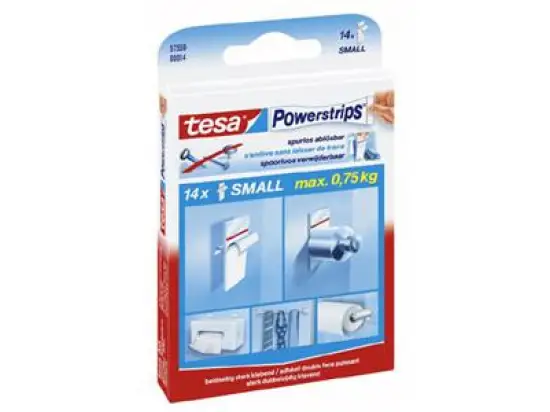 Doppelseitiger Selbstklebestrip Tesa 57550-00014-01 Powerstrips Small 1,4 cm x 3,4 cm, weiß, Pack 14 Stk