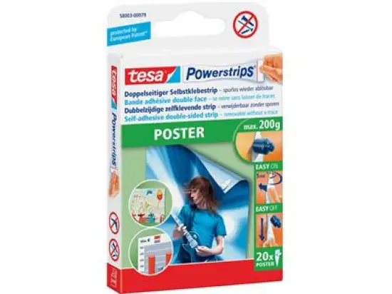 Doppelseitiger Selbstklebestrip Tesa 58003-00079-04 Powerstrips Poster 4,0 cm x 2,0 cm, weiß, Pack 20 Stk