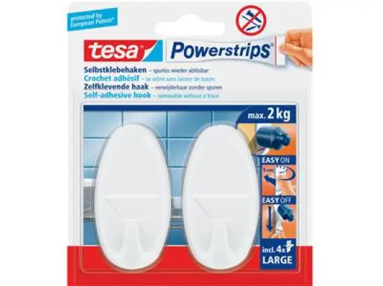 Selbstklebehaken Tesa 58013-00049-01 Powerstrips Power-Strips & Haken, oval weiß, Pack 2 Haken + 4 Strips Large