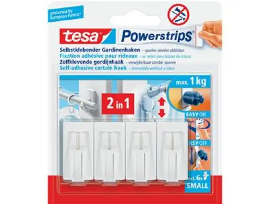 Selbstklebender Gardinenhaken Tesa 58034-00007-01 Powerstrips 4 Haken mit 6 Mini PowerStrips, Pack 6 Stk