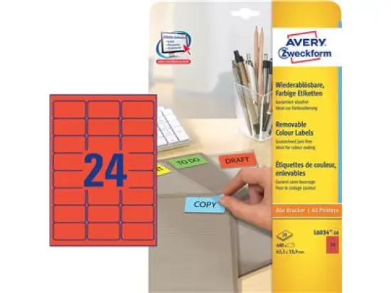 Etiketten Avery Zweckform L6034-20 63,5 x 33,9 mm selbstklebend, wiederablösbar, rot, Inkjet Laser Kopierer, Pack 480 Stk/20 Blatt