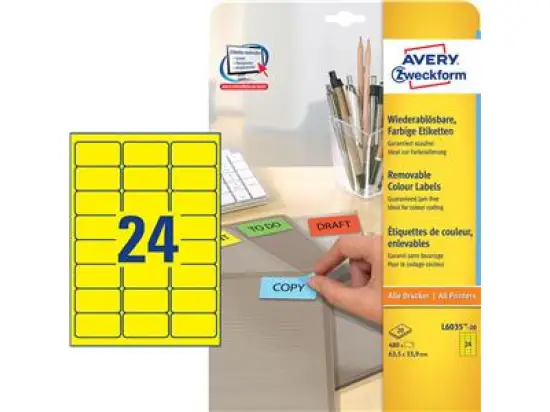 Etiketten Avery Zweckform L6035-20 63,5 x 33,9 mm selbstklebend, wiederablösbar, gelb, Inkjet Laser Kopierer, Pack 480 Stk/20 Blatt