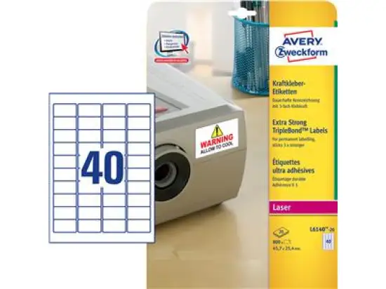 Etiketten Avery Zweckform L6140-20 45,7 x 25,4 mm, selbstklebend, Kraftkleber, weiß, Laser, Pack 800 Stk/20 Blatt