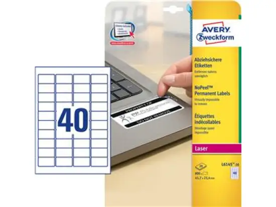 Etiketten Avery Zweckform L6145-20 45,7 x 25,4 mm, selbstklebend, abziehsicher, weiß, Laser, Pack 800 Stk/20 Blatt