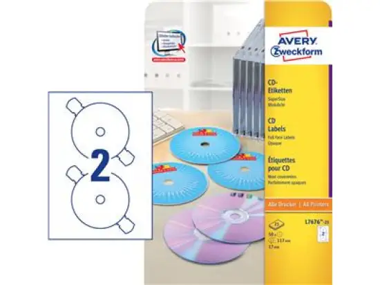 CD-Etiketten Avery Zweckform L7676-25 Ø 117 mm rund, matt, selbstklebend, weiß, Inkjet Laser Kopierer, Pack 50 Stk/25 Blatt