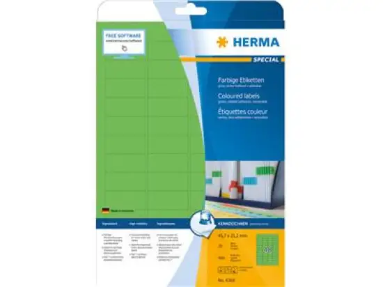 Etiketten Herma 4369 Special 45,7 x 21,2 mm selbstklebend ablösbar, grün, Inkjet Laser Kopierer, Pack 960 Stk/20 Blatt