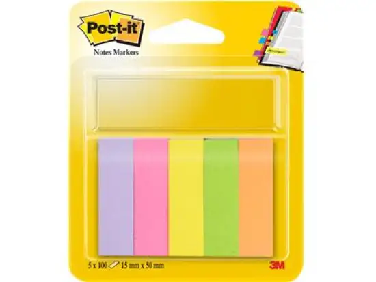 Haftstreifen Post-it 670-5 Page Marker 15 x 50 mm, Papier, selbstklebend, wiederablösbar, 5 Farben: gelb/grün/orange/rosa/lila, Blister 5 Blöcke je 100 Blatt/500 Stk