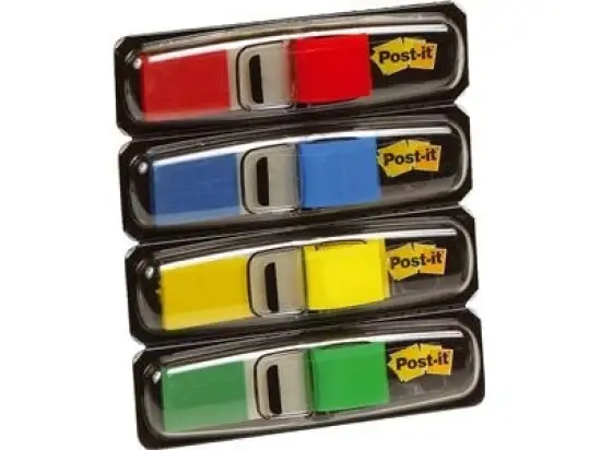 Haftstreifen Post-it 683-4 Index Mini 11,9 x 43,2 mm, sortiert, rot, blau, grün, gelb, Pack 4 Spender je 35 Stk