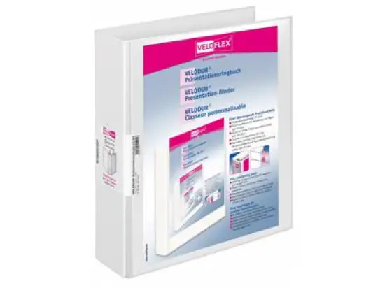 Präsentationsringbuch Veloflex 1141190 Velodur A4, 2 Ringe Ø 40 mm, Pappe/PP-Folie, 2 Außentaschen, D-Ring-Mechanik, weiß