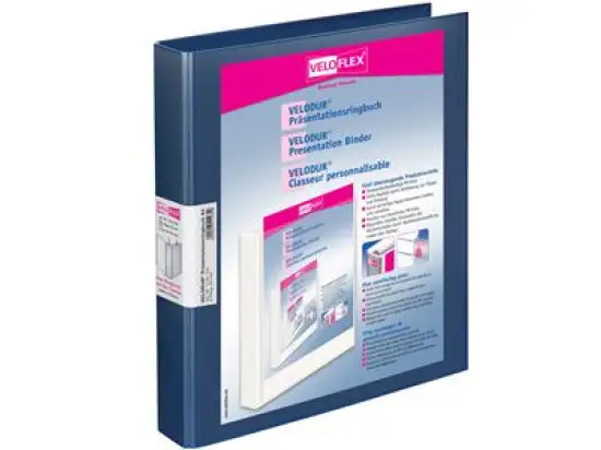 Präsentationsringbuch Veloflex 1143150 Velodur A4, 2 Ringe Ø 25 mm, Pappe/PP-Folie, D-Ring-Mechanik, 2 Außentaschen, blau