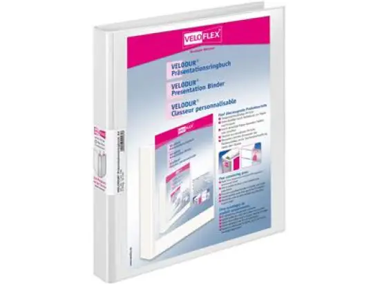 Präsentationsringbuch Veloflex 1144190 Velodur A4, 2 Ringe Ø 15 mm, Pappe/PP-Folie, O-Ring-Mechanik, 2 Außentaschen, weiß