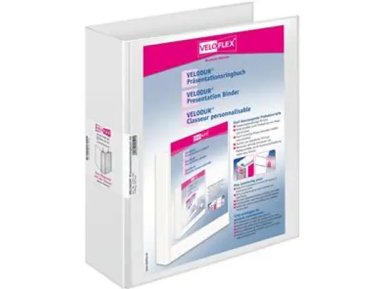 Präsentationsringbuch Veloflex 4139190 Velodur A4, 4 Ringe Ø 50 mm, Pappe/PP-Folie, D-Ring-Mechanik, 2 Außentaschen, weiß