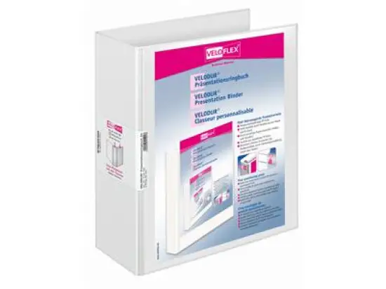 Präsentationsringbuch Veloflex 4142190 Velodur A4, 4 Ringe Ø 60 mm, Pappe/PP-Folie, D-Ring-Mechanik, 2 Außentaschen, weiß
