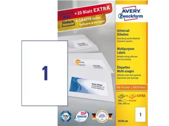 Etiketten Avery Zweckform 3478-200 210 x 297 mm weiß, selbstklebend, Inkjet Laser Kopierer, Pack 220 Stk/220 Blatt