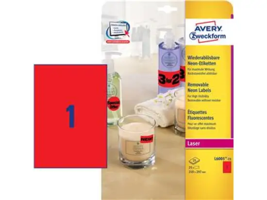 Etiketten Avery Zweckform L6005-25 210 x 297 mm selbstklebend, wiederablösbar, rot-neon, Laser, Pack 25 Stk/25 Blatt