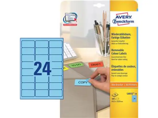 Etiketten Avery Zweckform L6032-20 63,5 x 33,9 mm selbstklebend, wiederablösbar, blau, Inkjet Laser Kopierer, Pack 480 Stk/20 Blatt
