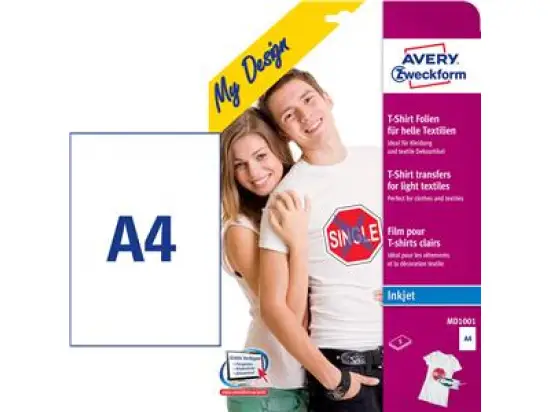 Transferfolie Avery Zweckform MD1001 A4, zum Aufbügeln auf helle T-Shirt, Inkjet, Pack 5 Blatt