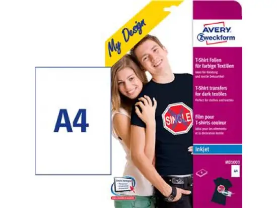 Transferfolie Avery Zweckform MD1003 A4, zum Aufbügeln auf dunkle T-Shirt, Inkjet, Pack 4 Blatt