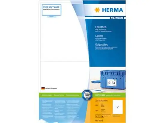 Etiketten Herma 4628 Premium 210 x 148 mm weiß, selbstklebend, Inkjet Laser Kopierer, Pack 400 Stk/200 Blatt