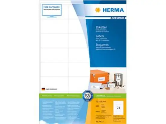 Etiketten Herma 4633 Premium 70 x 36 mm weiß, selbstklebend, Inkjet Laser Kopierer, Pack 4800 Stk/200 Blatt
