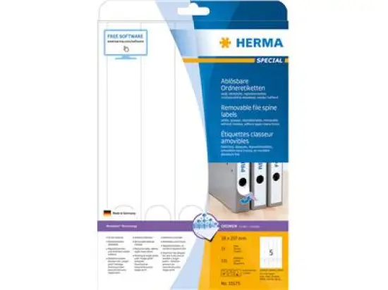 Ordner-Rückenschild Etiketten Herma 10175 Special lang/schmal, matt, selbstklebend, ablösbar, blanko, weiß, Inkjet Laser Kopierer, Pack 125 Stk/25 Blatt