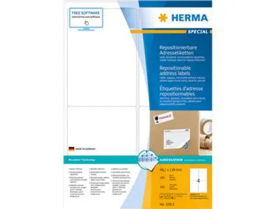 Adressetiketten Herma 10313 Special 99,1 x 139 mm weiß, selbstklebend repositionierbar, Inkjet Laser Kopierer, Pack 400 Stk/100 Blatt