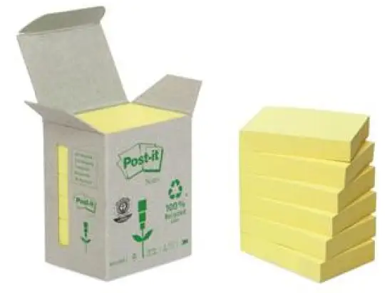 Haftnotiz Post-it 653-1B Recycling Notes 38 x 51 mm, Block mit 100 Blatt, gelb Recycling, Pack 6 Blöcke