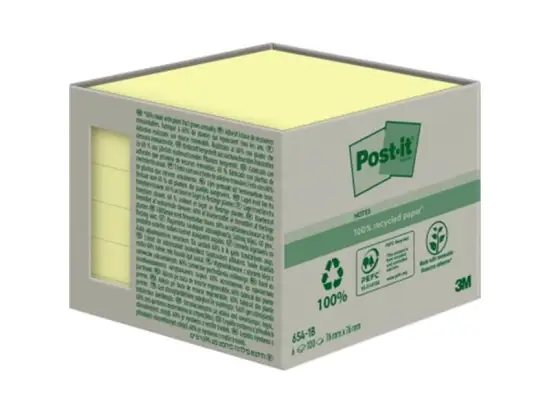 Haftnotiz Post-it 654-1B Recycling Notes 76 x 76 mm, Block mit 100 Blatt, gelb, Pack 6 Stk
