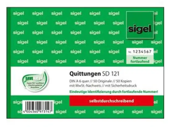 Quittung Sigel SD121 A6-quer 2 x 50 Blatt mit MwSt. fortlaufend nummeriert selbstdurchschreibend