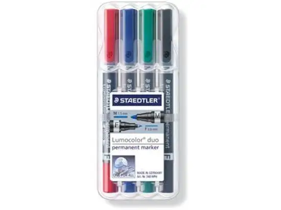 Permanentmarker Staedtler 348WP4 348 WP4 Lumocolor permanent duo 0,6mm (F) + 1,5mm (M), zwei Rundspitzen, 4er-Etui, schwarz, rot, blau, grün