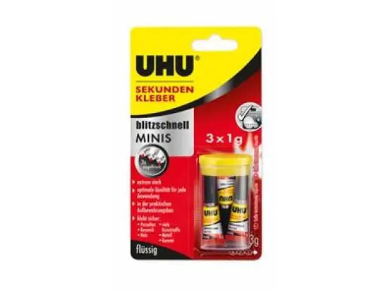 Sekundenkleber UHU 45415 MINIS flüssig, extrem stark, blitzschnell, Blister 3 Tuben je 1g