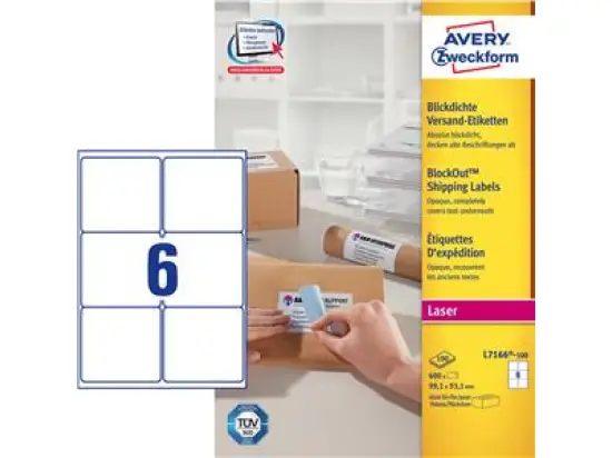 Versand-Etiketten Avery Zweckform L7166-100 99,1 x 93,1 mm selbstklebend, blickdicht, weiß, Laser, Pack 600 Stk/100 Blatt