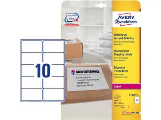 Versand-Etiketten Avery Zweckform L7992-25 99,1 x 57 mm Folie, weiß, selbstklebend, wetterfest, wasserfest, Laser, Pack 250 Stk/25 Blatt