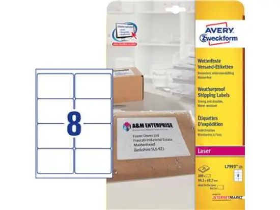 Versand-Etiketten Avery Zweckform L7993-25 99,1 x 67,7 mm Folie, weiß, selbstklebend, wetterfest, wasserfest, Laser, Pack 200 Stk/25 Blatt