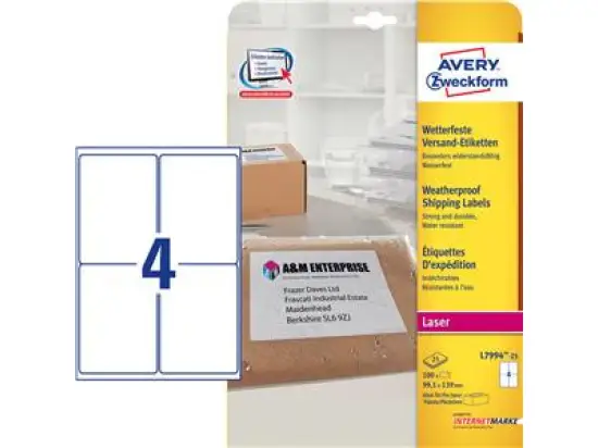 Versand-Etiketten Avery Zweckform L7994-25 99,1 x 139 mm Folie, weiß, selbstklebend, wetterfest, wasserfest, Laser, Pack 100 Stk/25 Blatt